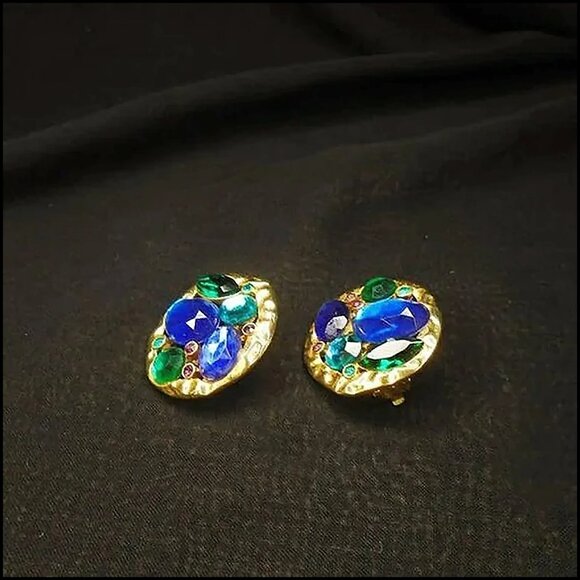 80s Vintage BIG Clip Earrings Blue & Green Rhinestone Clipons - Nostalgiacore - Picture 4 of 14